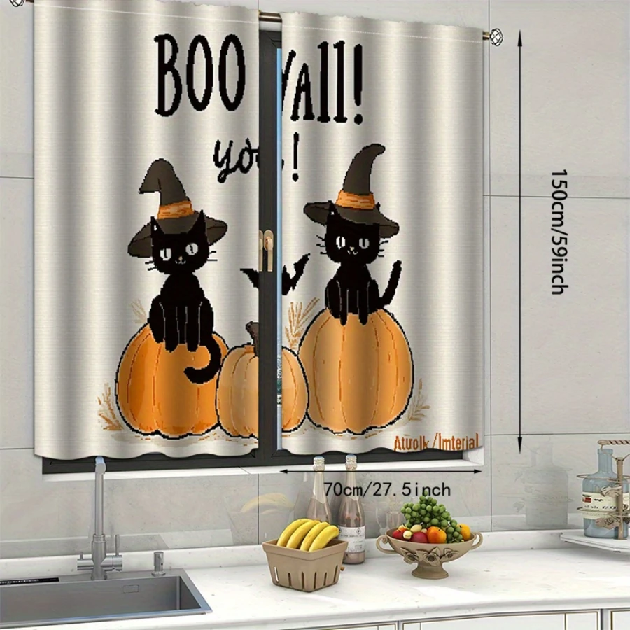  Black Cat Pumpkin Halloween Kitchen Curtains with Witch Hat Boo Yall, Beige Background Modern Cute Spooky Style