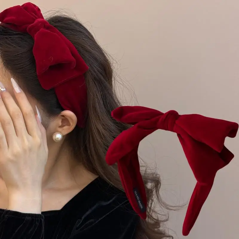 （Summer6）Red Black Velvet Wide Bow Headband For Girls Women Winter Hairband Fashion Temperament New Year Hair Accessories