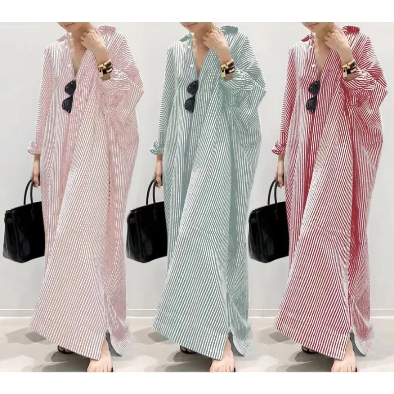 Spring Summer Dress Cotton Striped Shirt Dress Women Large Size Muslim Robe Long Sleeve Irregular Long Vestidos S-5XL Lady Robe