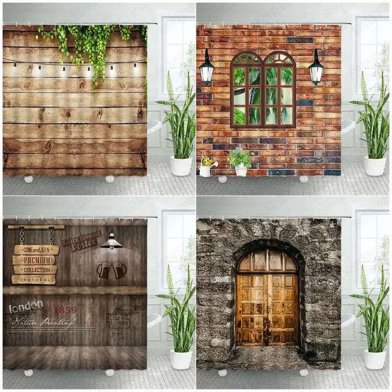 Vintage Wooden Board Shower Curtains Retro Brick Wall Street Lights Farm Barn Door Green Leaves Plant Fabric Home Bathroom Decor