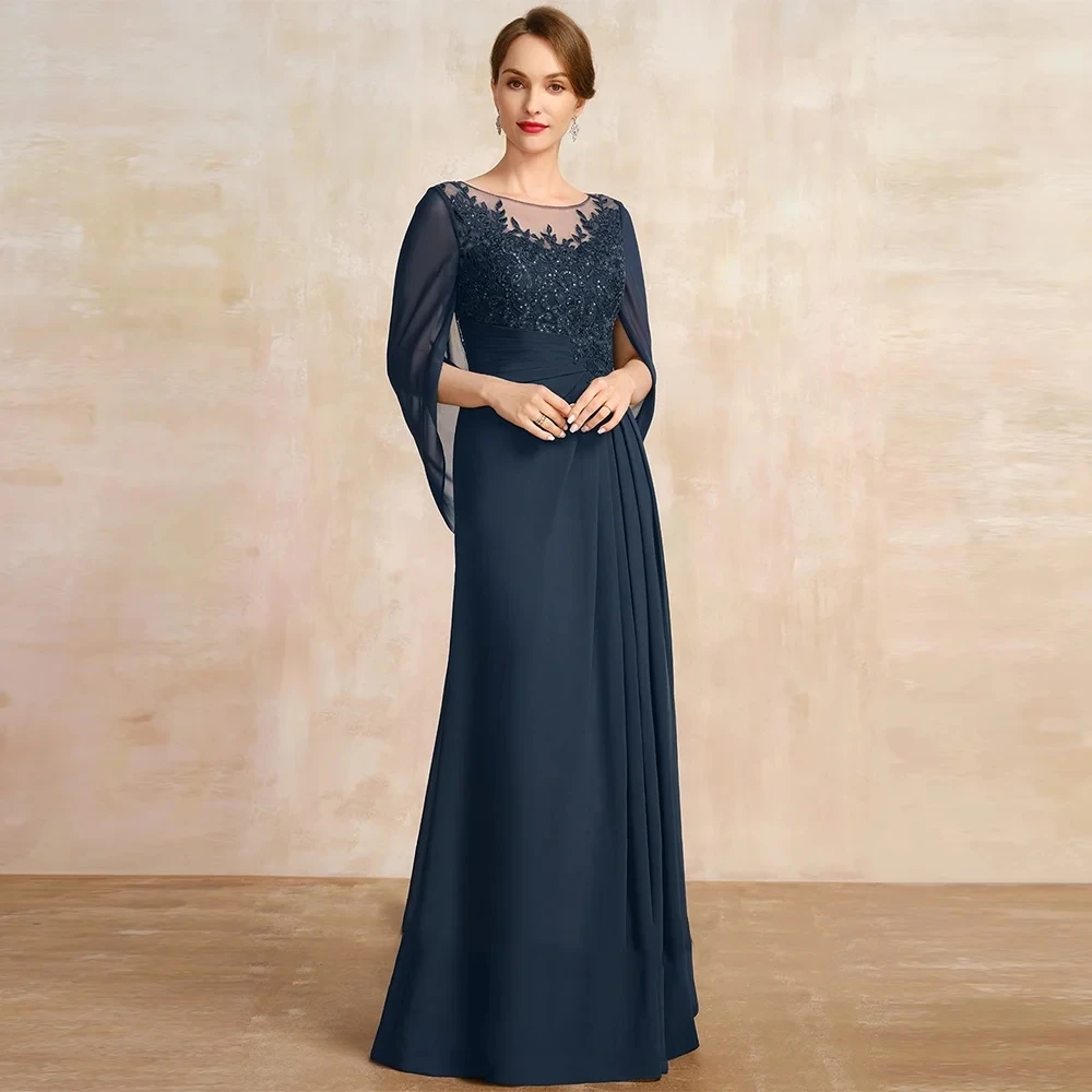 2024 Dark Navy Vintage Mother of Bride Dress Scoop Appliques Sequined Lace Pleat Chiffon Long Godmother Wedding Party Gowns