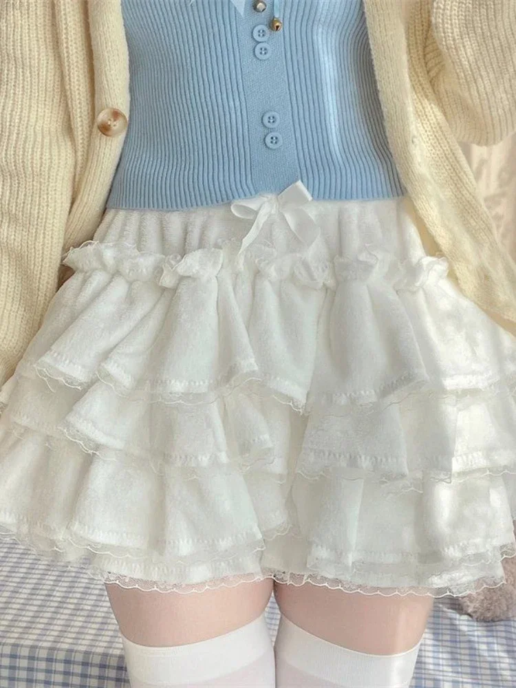 Pink White Lolita Y2k Sweet Skirt Women Bow Japanese Cute Party Mini Skirt Female A-line High Street Designer Puffy Skirt 2024