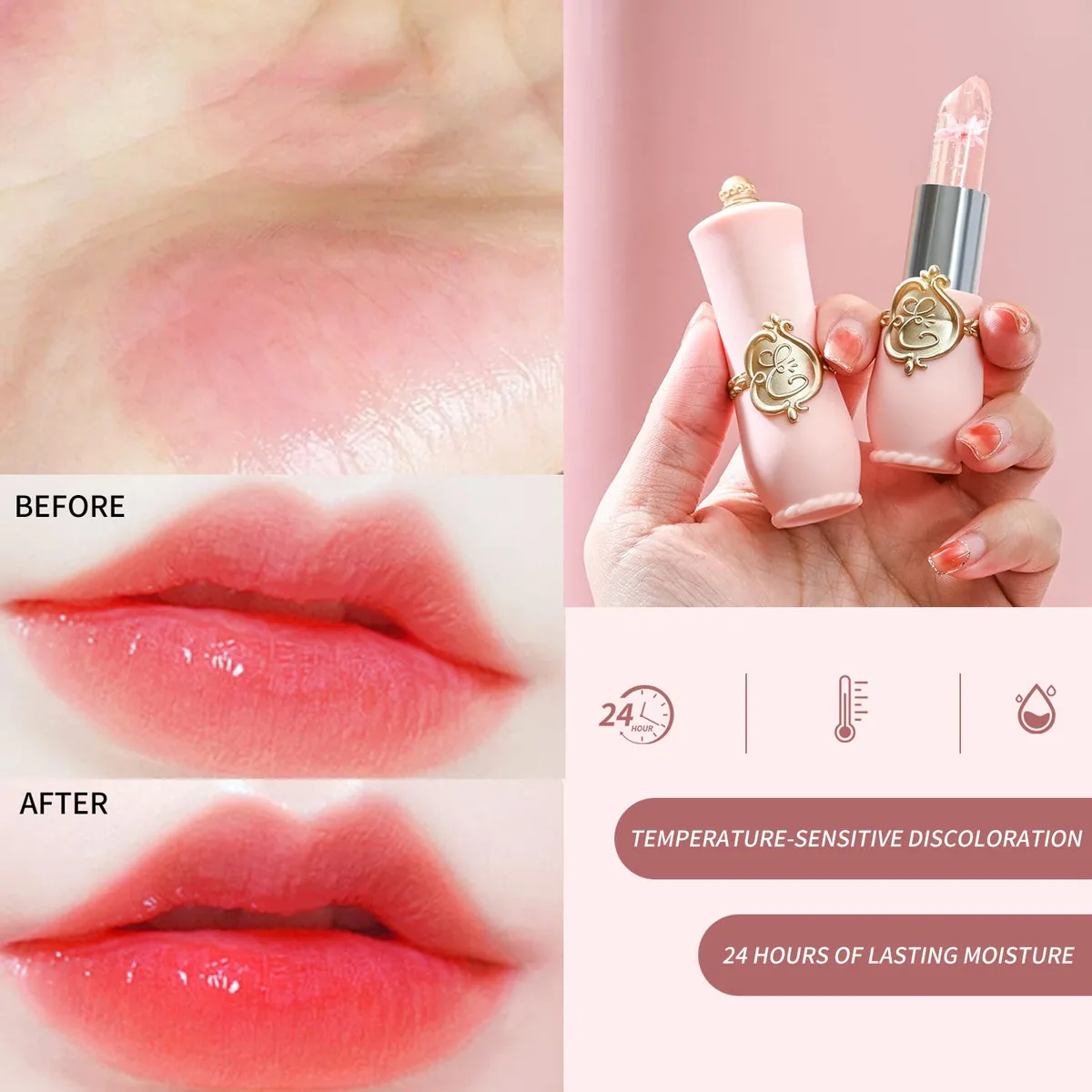 6 Pcs Flower Jelly Lipstick Set Temperature Change Moisturizer Lasting Nutritious Shimmer Lip Balm Magic Color Change Lip Gloss