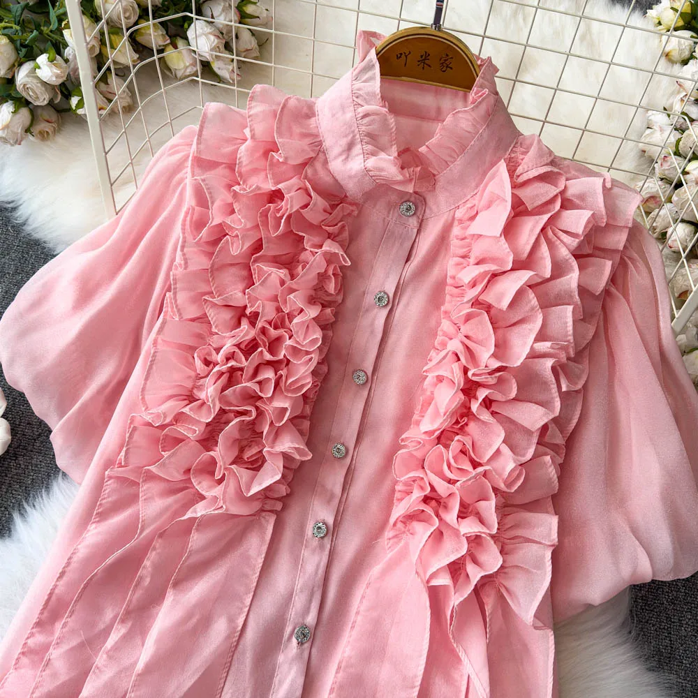 

Women Ruffles Edges Chiffon Shirt Ribbons Tassels Summer Lotus Ruched Blouses Bubble Sleeve Gauze Pleated Cardigan Tops Blusas