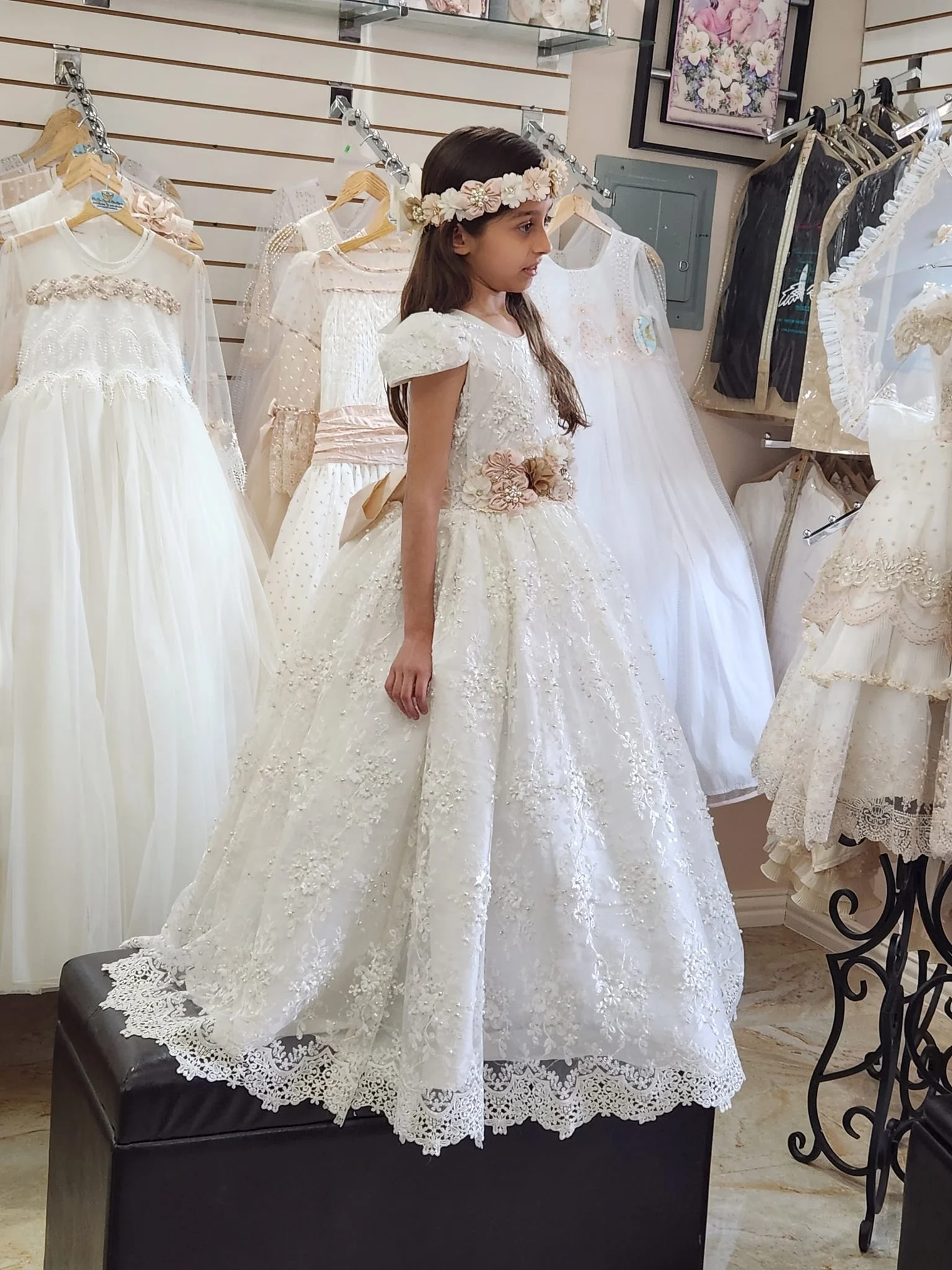 Bohemian Lace Flower Girl Dresses Pearls Girls First Birthday Party Wedding Dress Baby Clothes Fluffy Ball Gown