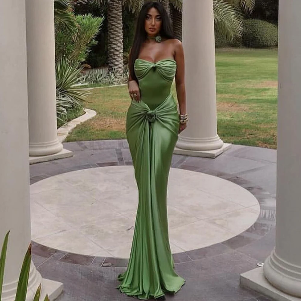 

Dubai Sexy Evening Dresses Satin Mermaid/Trumpet Prom Dress Green Sweetheart Pleat 3D flowers Sexy Party Long Gown 2024