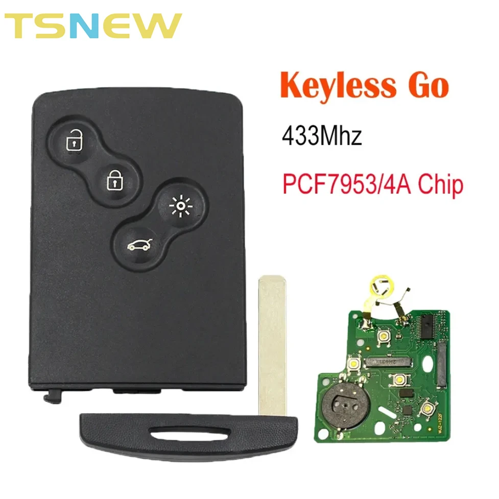 Smart Card Car Key 4 Buttons PCF7945/PCF7953 4A Chip 433Mhz for Renault Clio 4 Captur Passive Keyless Go Entry Remote HandsFree
