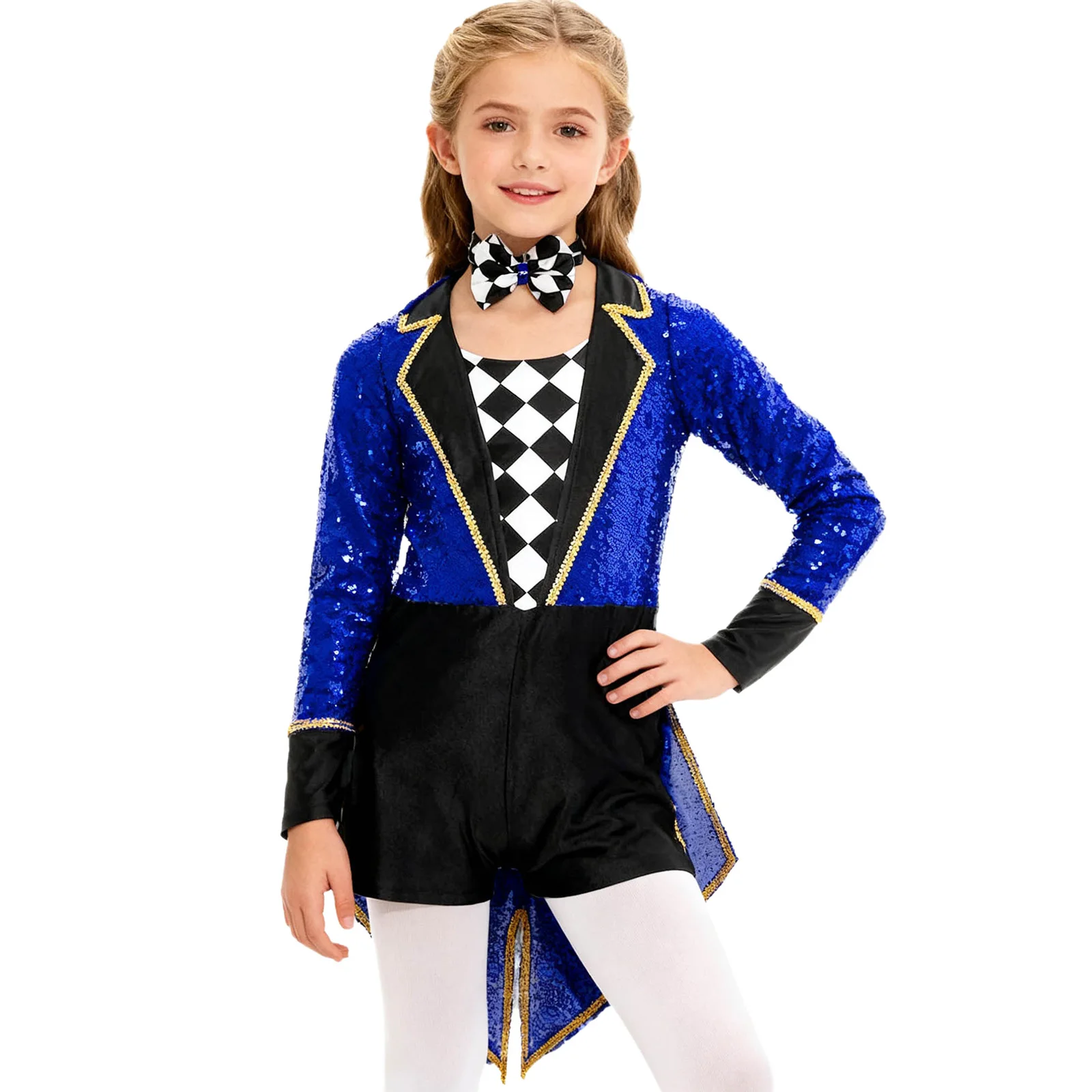 

Kids Unisex Halloween Party Circus Ringmaster Magician Cosplay Performance Costume Long Sleeve Tailcoat Bodysuit with Bow Tie