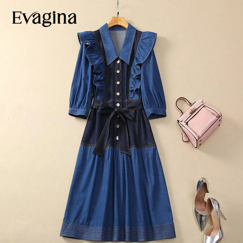 

Evagina Fashion Designer Women's Turn-Down Collar Three Quarter Sleeves Belt High Street Ruffle Denim Dress