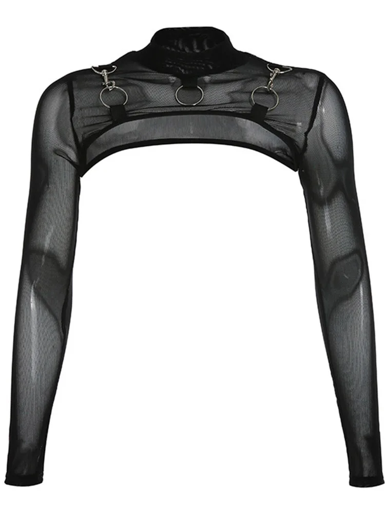 T-shirt da donna dolcevita hot top T-shirt sexy hip-hop gotica micro corta catena di metallo pizzo trasparente maglia manica lunga