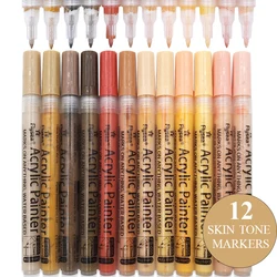 12 Colors 0.7mm/Brush Tip Skin Tone Acrylic Paint Pens Set, Paint Markers for Wood,Glass,Fabric,Rocks Painting Paint Pens Art