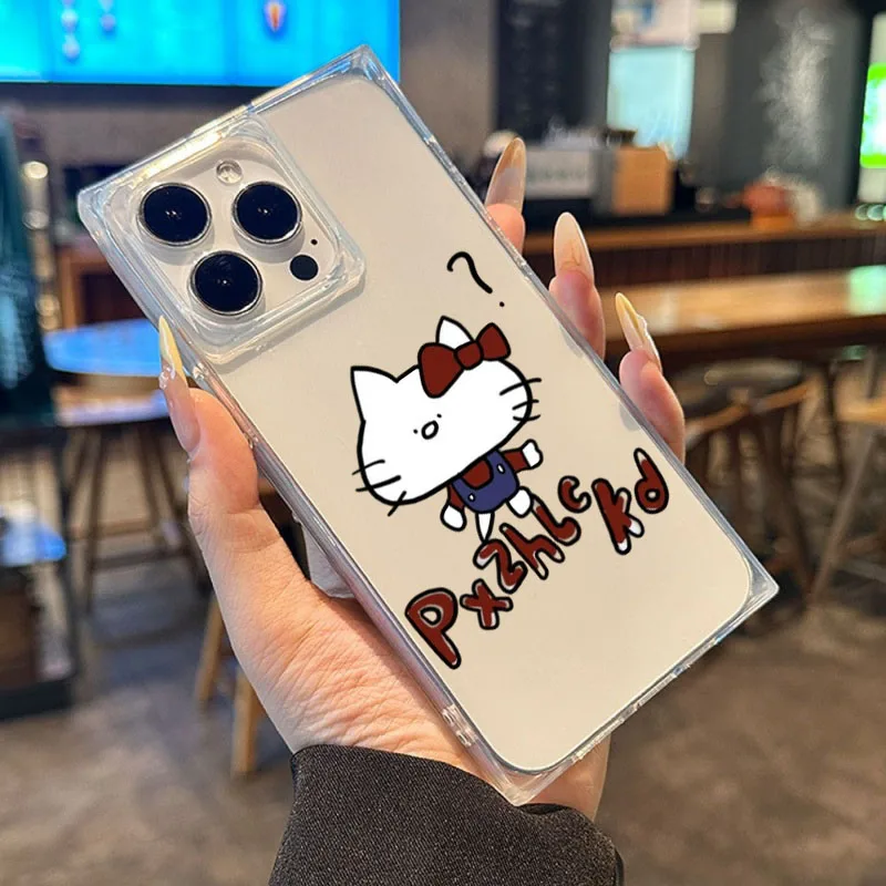 Hello Kitty Funda de teléfono suave cuadrada transparente a prueba de golpes Airbags de esquina compatibles con iPhone 12 13 14 15 16 17