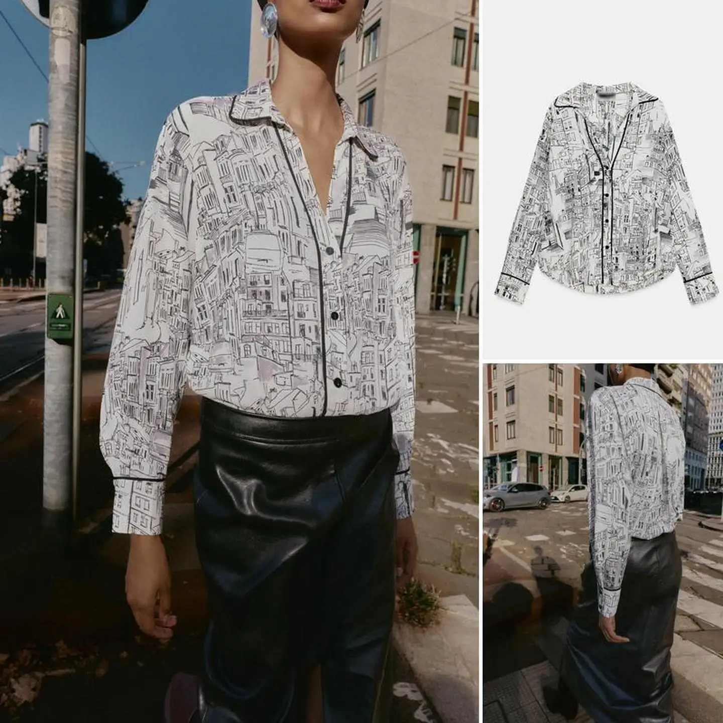 Francese Sle Lungo Sve Stampa irt Taglio dritto da donna V-Ne Chiusura con bottoni Dettaglio Inizio autunno Faion Camicetta casual