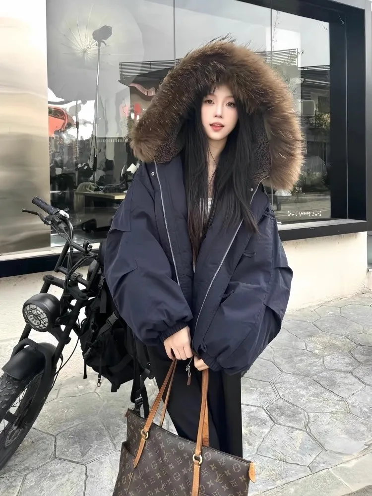 

Женская парка Thiened Winter Jaet с большим меховым воротником, теплая верхняя одежда с хлопковой подкладкой синего цвета для поездок на работу