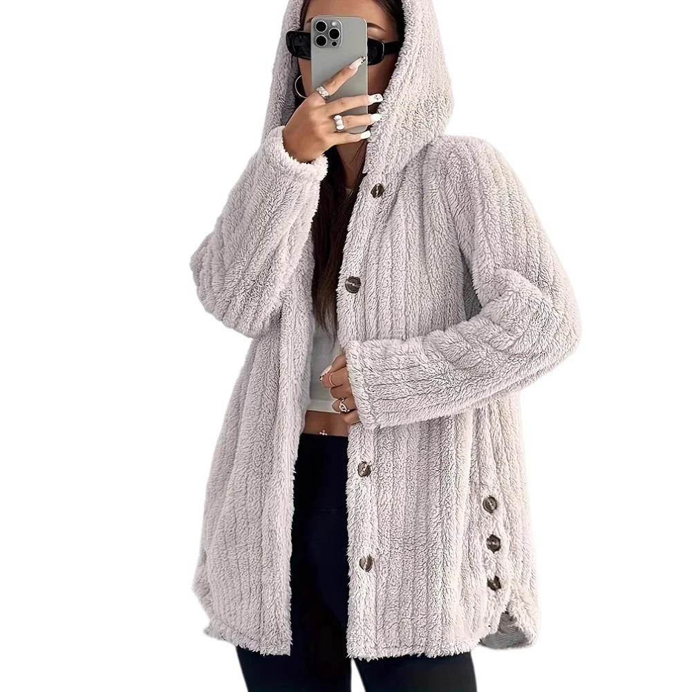 Vertical Stripe Fleece Jacket Womens Hooded Solid Color Style Single Breasted for front Suitable for Summer Beach Cycling and