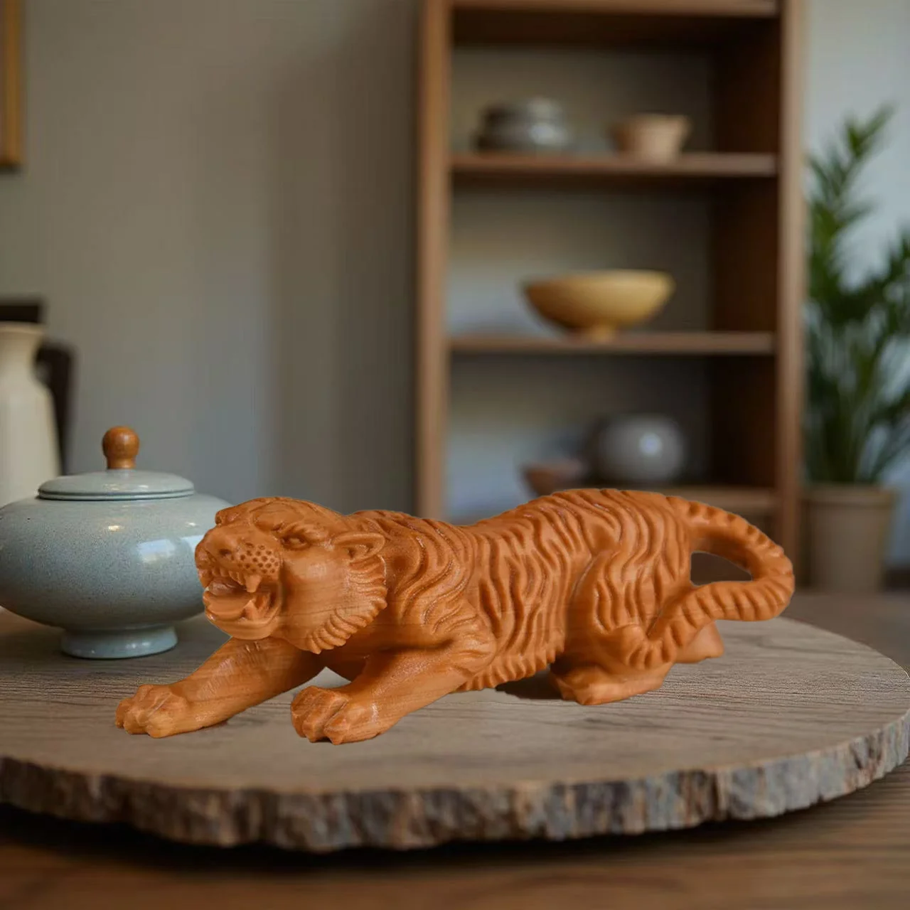 Cypress wood carving Tiger Statue, Cute  Animal Figurine for Car Dashboard Office Desk, Chinese Feng Shui Lucky Charm Gift