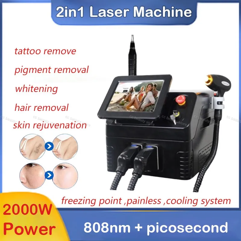 

Professional 2 in 1 808 Diode Laser Hair Removal Machine Portable Picosecond Laser Tattoo Remover Freckle remove Whitening