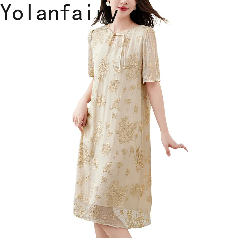

YOLANFAIRY 100% Real Mulberry Silk Dresses for Woman 2025 Elegant Round-neck Embroidered Women Dress Short Sleeve Midi Dresses