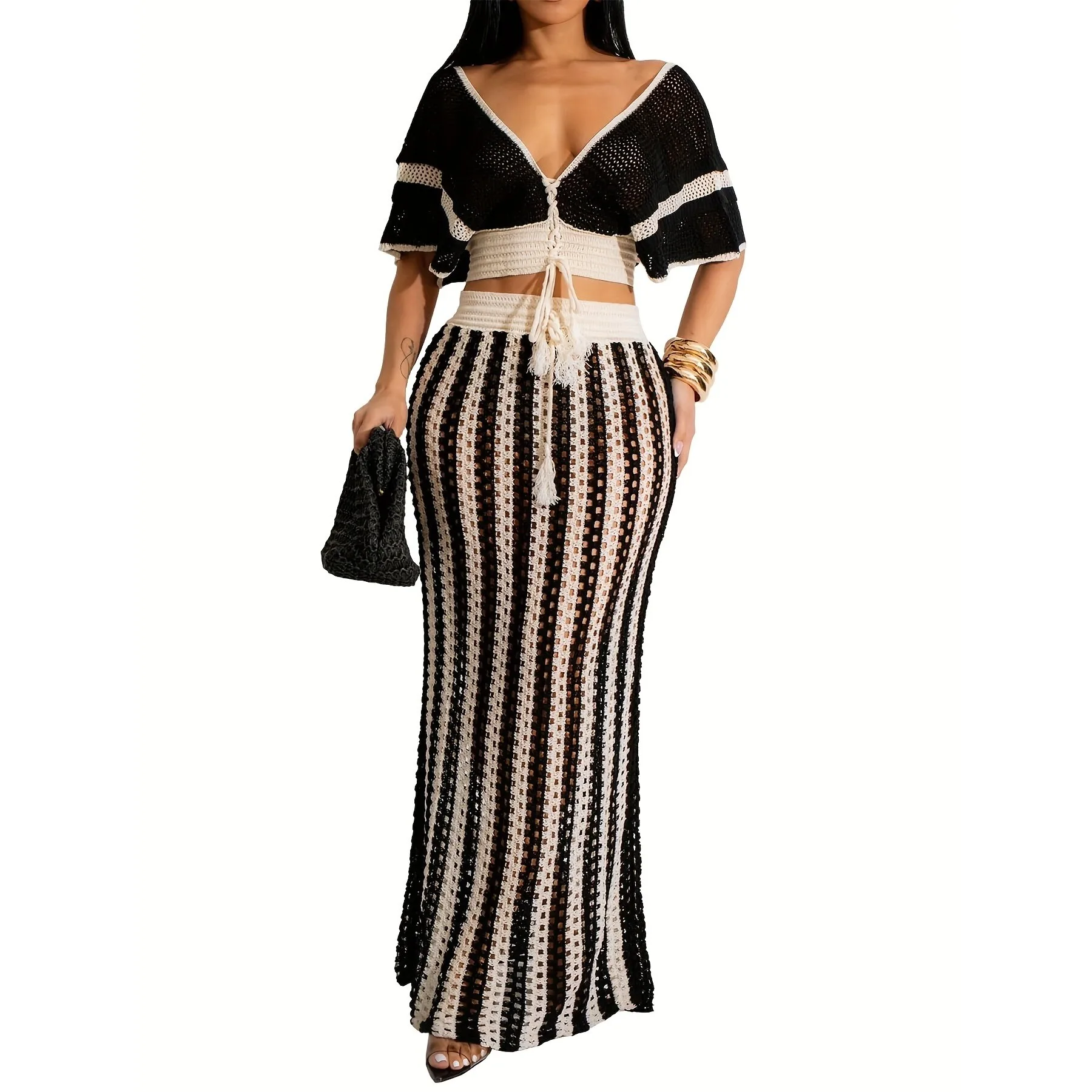 

Sexy V Neck Lace Knit Set Hollow out Knitted Ensemble Women's Fashion Summer Outfit Cross-Border No Brand Registered Trademark