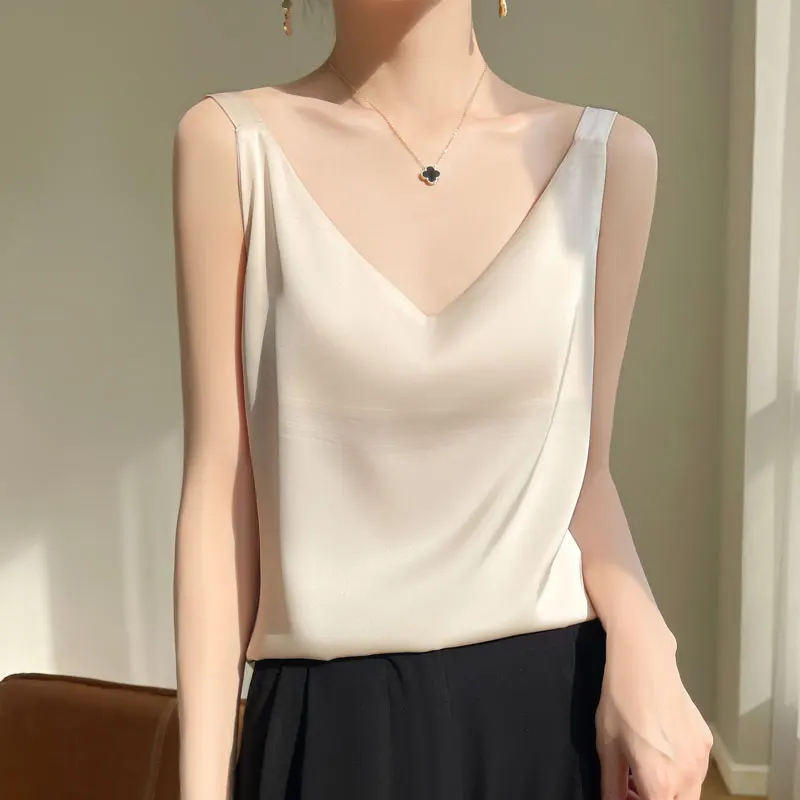 Summer Strap Top Women Halter V Neck Basic White Cami Sleeveless Satin Silk Tank Tops Women\'S Summer Camisole Slim Vest