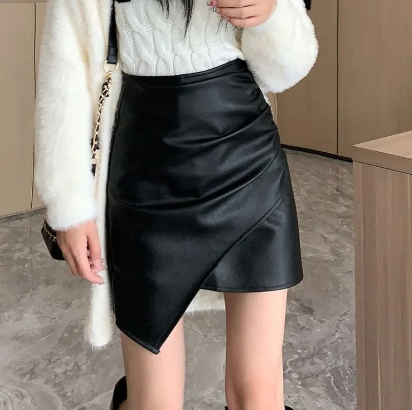 Irregular Pu Leather Skirt Skort Women Autumn and Winter New High-waisted A-word Hip-wrapped Short Skirt