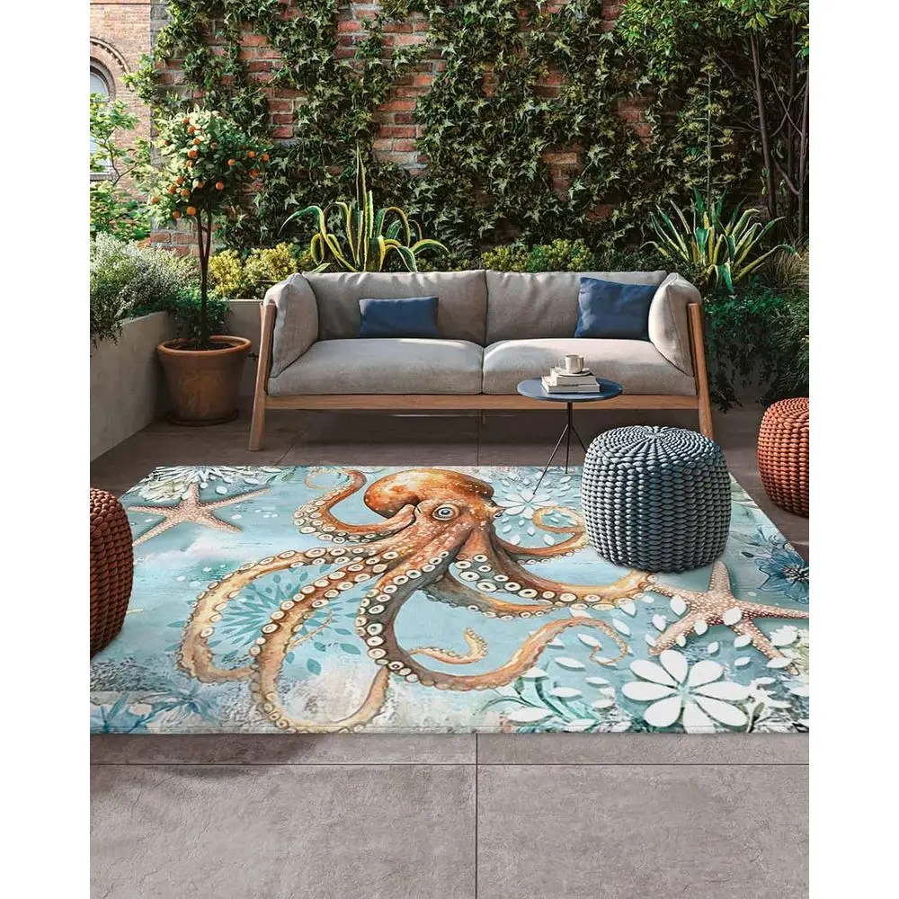 

Уличный ковер в стиле ретро с океанским осьминогом 5x8 футов — дизайн цветочных и ботанических листьев для патио, террасы, заднего двора, крыльца