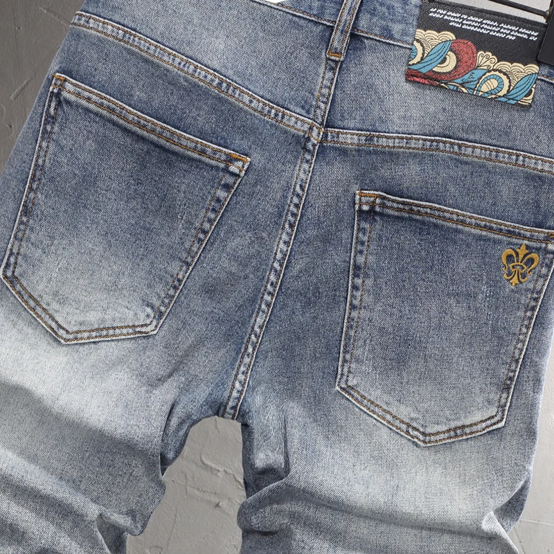 Summer Simple Fashion Men Jeans Retro Washed Blue Elastic Vintage Short Jeans Homme Embroidery Designer Casual Denim Shorts Men