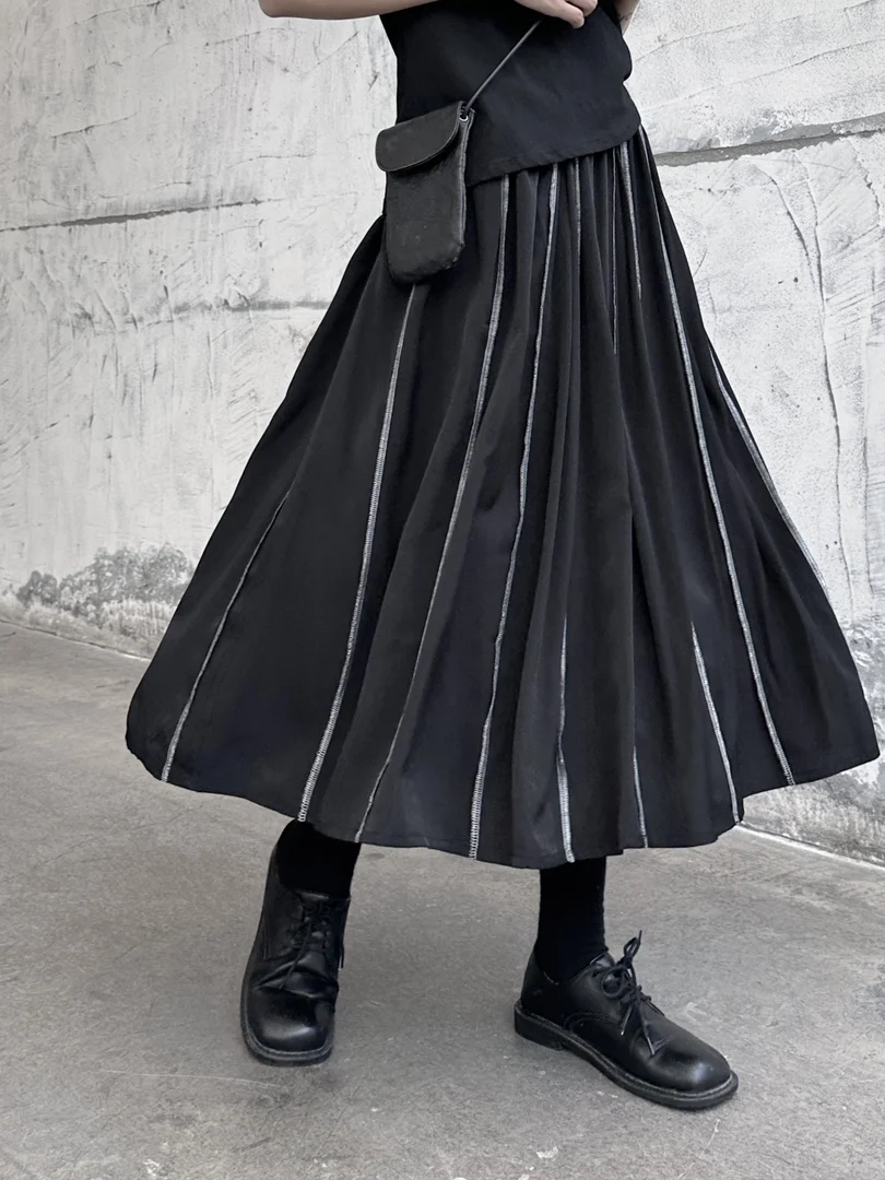 

Slimming High Waist Midi Skirt Women's Summer Thin Hanging Sense Bright Line Elastic Waist Long Skirt Girls' Commute Style