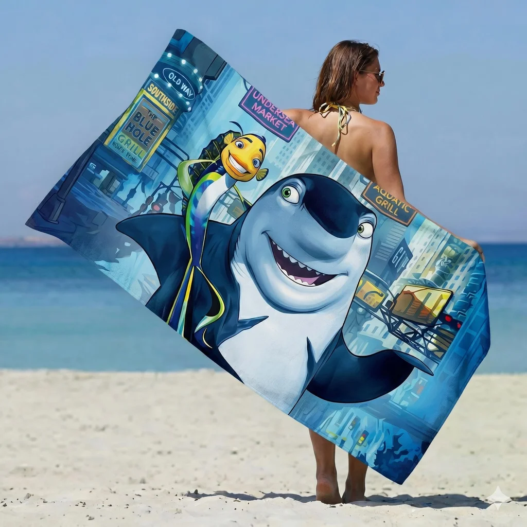 Cartoon Shark Beach Towel Undersea City Life Large Bath Towel for Kids Boys Teens Sand Free Pool Mat Travel Picnic Blanket
