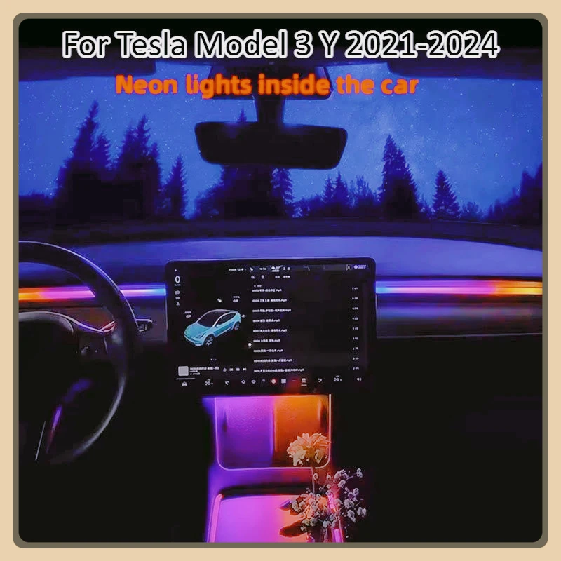 

Для Tesla Model 3 Y 2021-2024 центральная консоль неоновая полоса окружающей лампы управление через приложение потоковое окружающее освещение аксессуары для приборной панели
