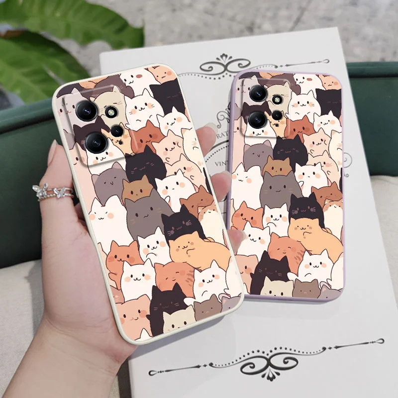 Stacking Cat Phone Case For Xiaomi Redmi Note 13 12 12S 11 11S 10 10S 9 9S Pro Plus 4G 5G Liquid Silicone Cover