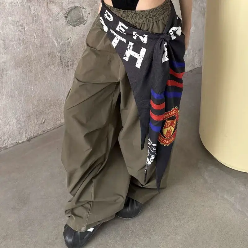 

American Retro Lazy Style Printed Straps Wide-Leg Loose Work Pants Women Spring Summer New Design Sense Casual Trousers