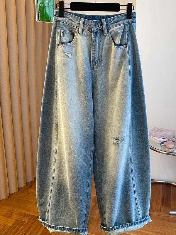 

Корейские свободные женские джинсовые джинсы с высокой талией, весна 2024, новые длинные брюки со сломанными дырками, выцветшие старые лезвия, девять очков