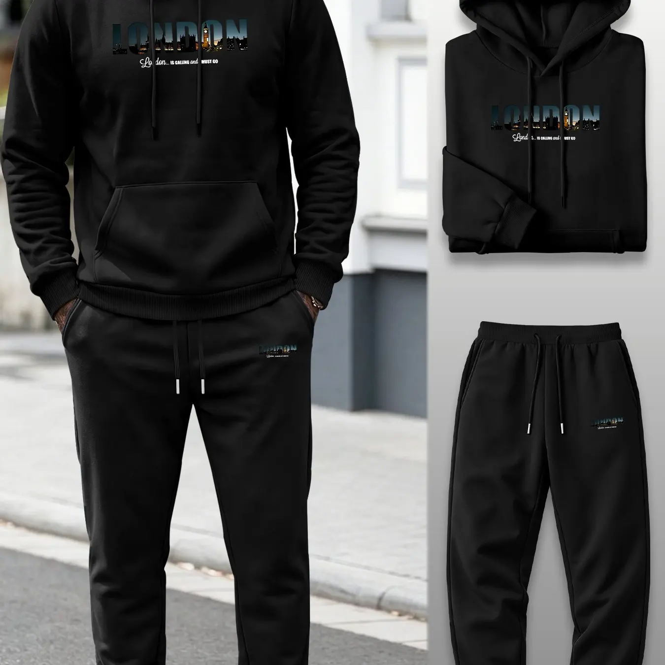 Men's New Autumn Winter Outdoor Running 2‑Piece Tracksuit, Hoodie Set, Elastic Drawstring Comfort Versatile Sweatpants Outfit