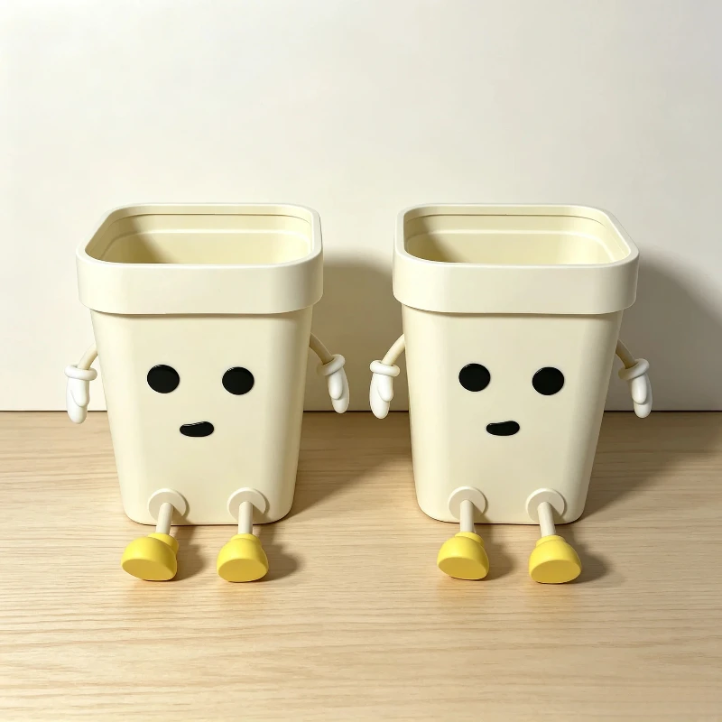 Funny Kawaii Square Desktop Trash Can, Cream‑Colored Plastic Waste Bin with Cute Movable Limbs, Aesthetic Room Decor