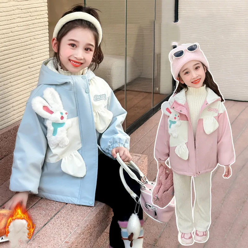 4-10T Girls Parkas Plus Cotton Warm Winter Coat 2024 New Cute Cartoon Rabbit Patchwork Hooded Children'S Clothing Jacket