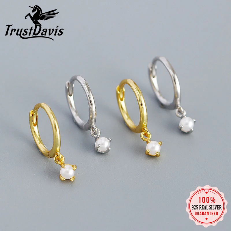 

TrustDavis 1 шт. настоящее серебро 925 пробы модные минималистичные серьги-кольца из синтетического жемчуга с линиями для дня рождения DA1966