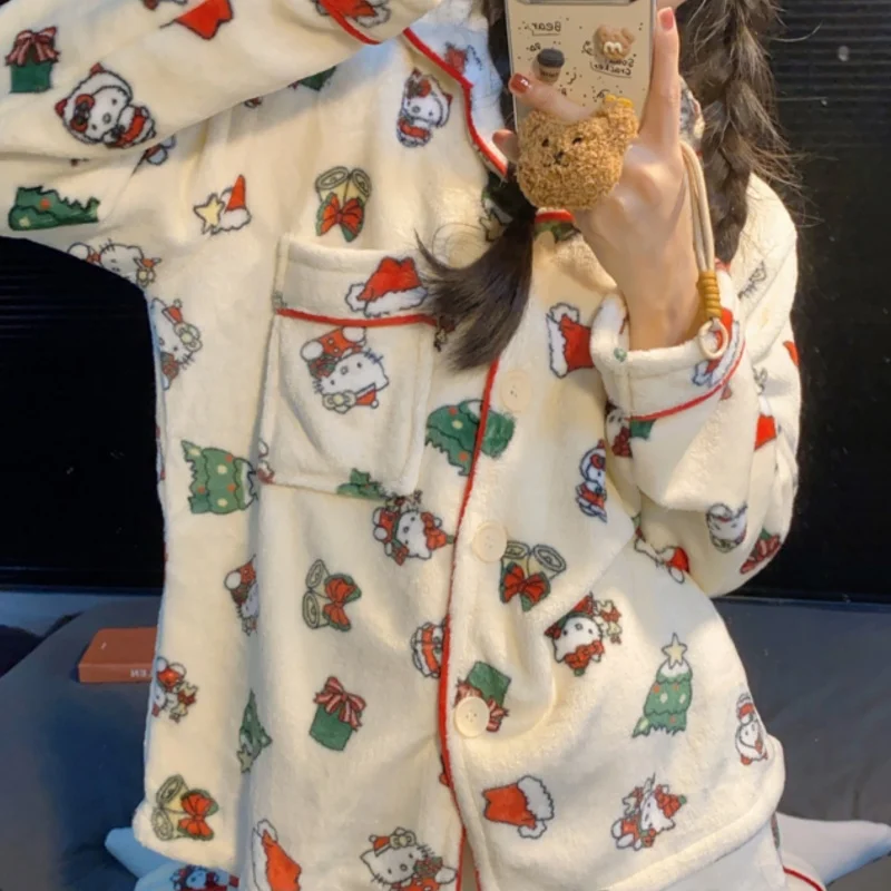 Anime Sanrio Cartoon Pajama Pants Merry Christmas Hello Kitty Flannel Pajama Pants Casual Christmas Day Gift Home Pants Trousers