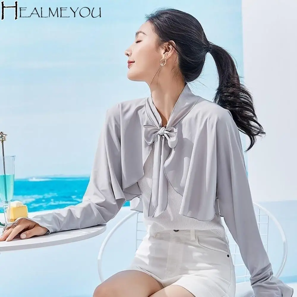 

Fashion Ultra-thin Long Sleeve Crop Top Anti UV Solid Color Sunscreen Sleeves Short Blouse Quick-Drying Ice Silk Shawl Lady