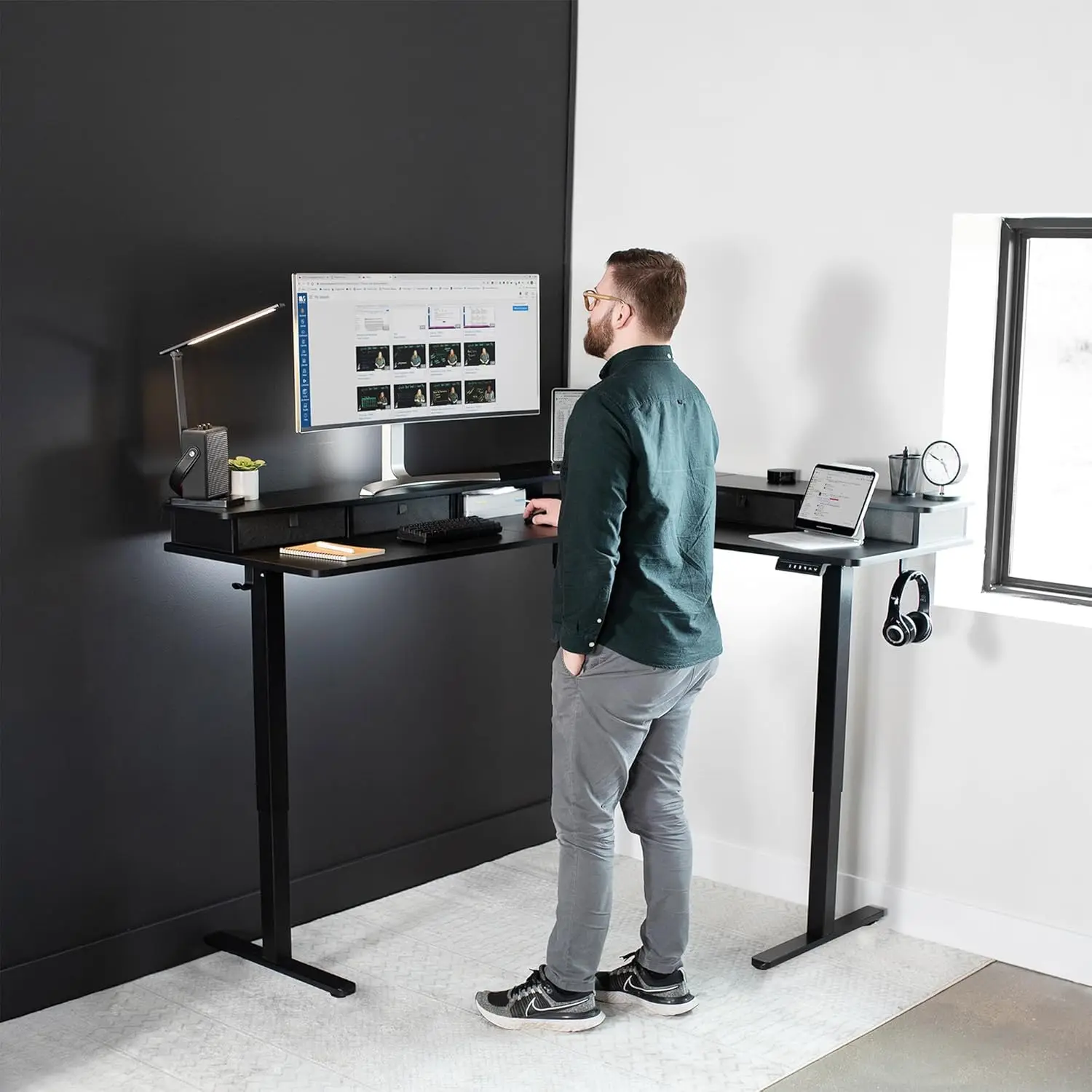 #2-Tier Corner L-Shaped Standing Desk 63x55in Height Adjustable Memory Controller Home Office Black Dark Gray, Customized