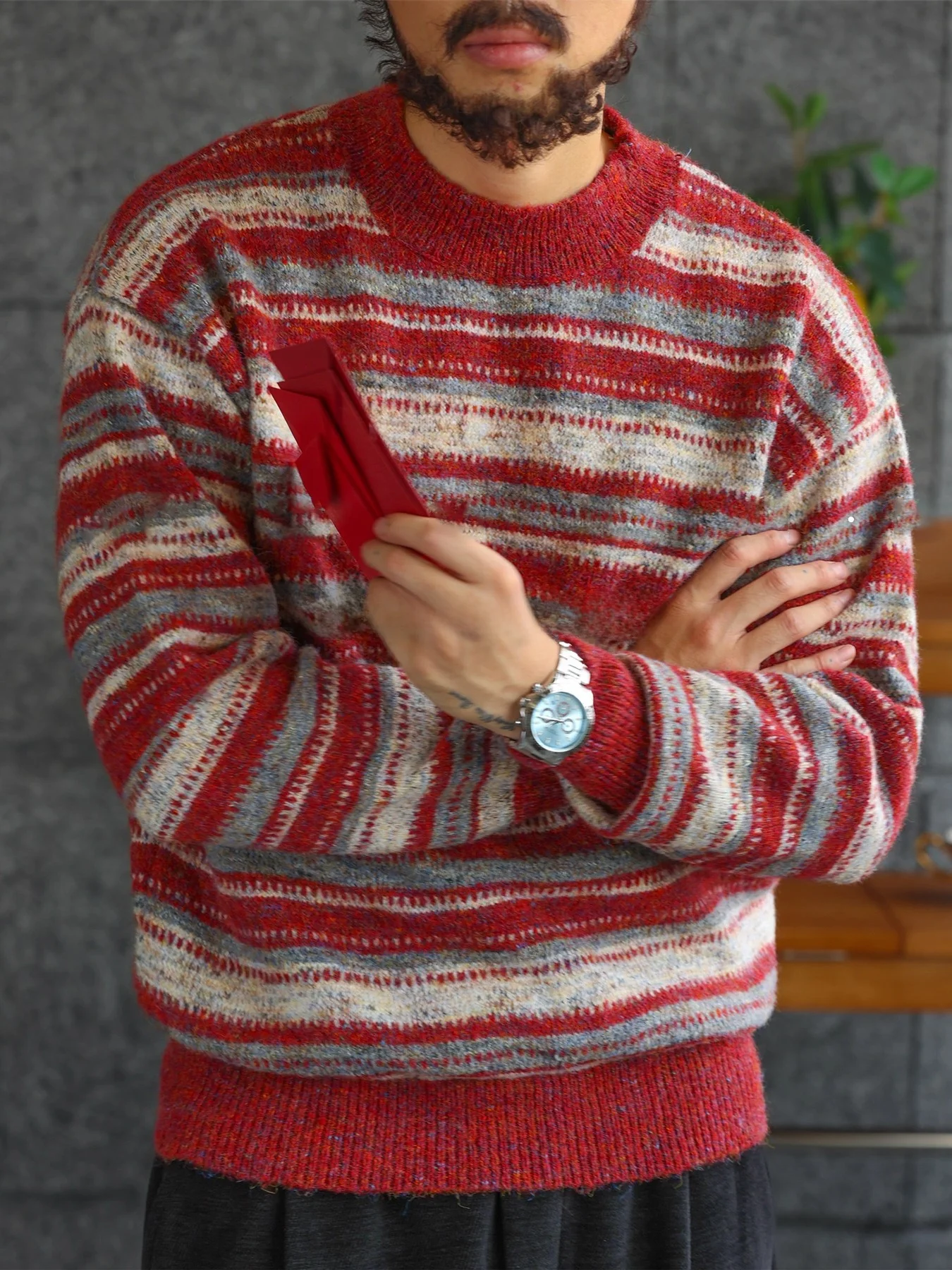 

Мужской утепленный свитер свободного кроя с круглым вырезом, вязаный, зимний, повседневный, в полоску, теплый, уютный, базовый слой, винтажный, с длинными рукавами