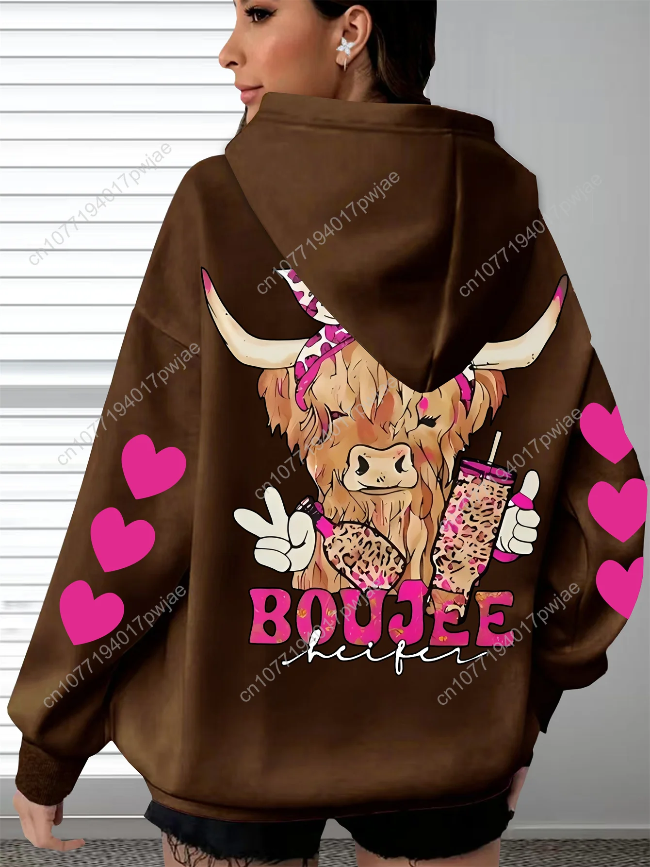 Sweat à capuche surdimensionné pour femme, grande taille, pour la Saint-Valentin, imprimé graphique de vache et de cœurs rose doux avec lettrage BOUJEE, pul polaire confortable