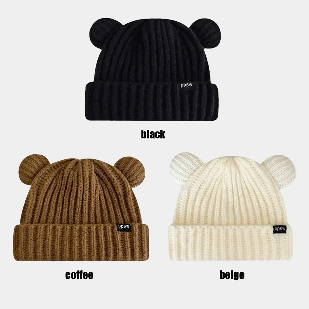 New Fashion Knitted Hat Women Girl Cute Bear Ear Knitted Hat Autumn Winter Warm Hat Couple Hat Elastic Woolen Knitted Hat Black