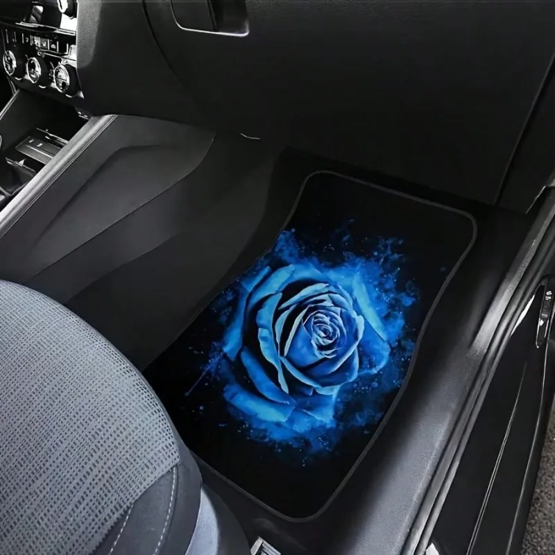Set Of 4 Premium Elegant Blue Rose Car Floor Mats - All-Weather, Suitable For Sedans And Suvs, With A Polyester Fiber Backing, P
