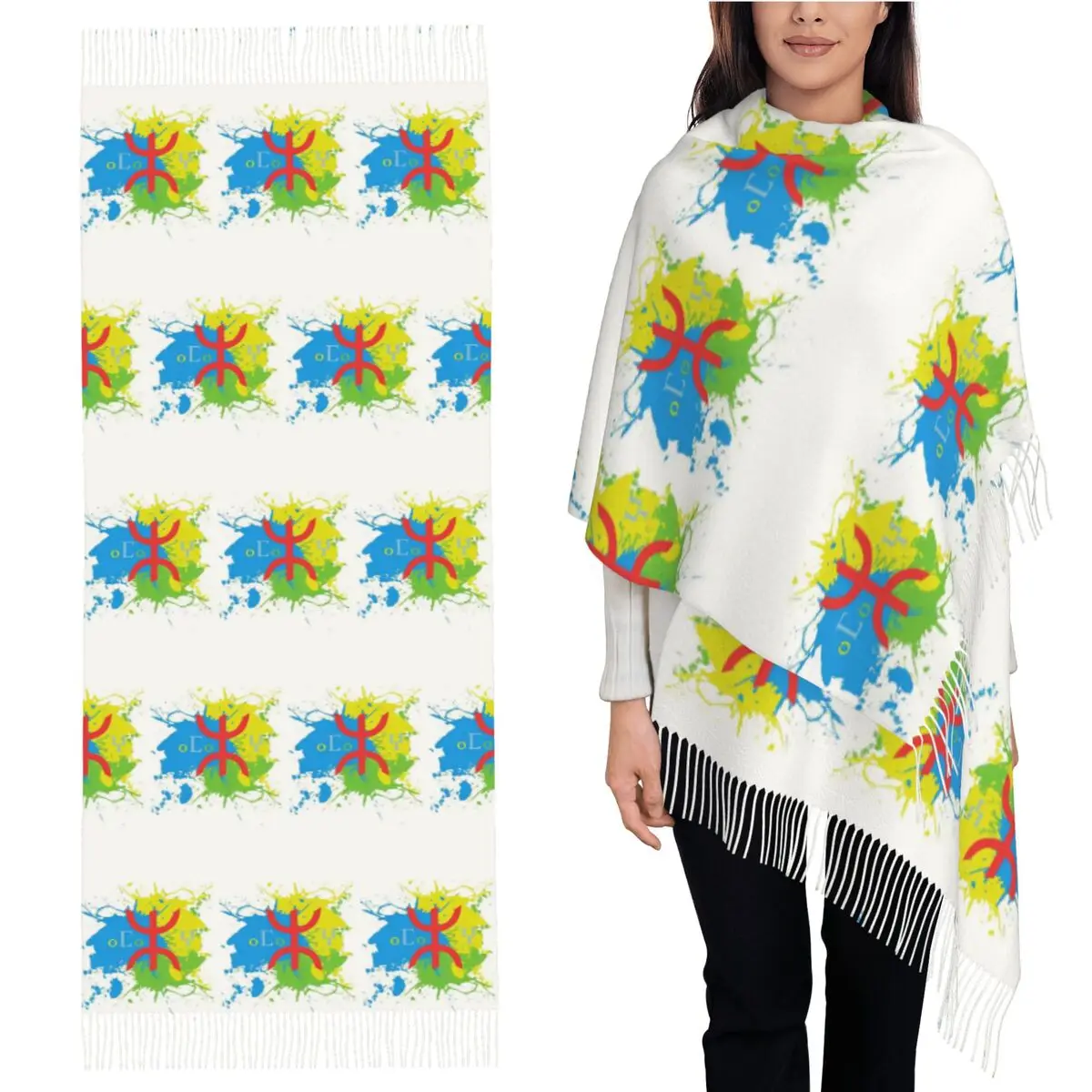 

Amazigh Flag Berber Flag Scarf Tassel Scarves for Women Soft Warm Shawls and Wraps Long Fall Winter Shawl Wrap