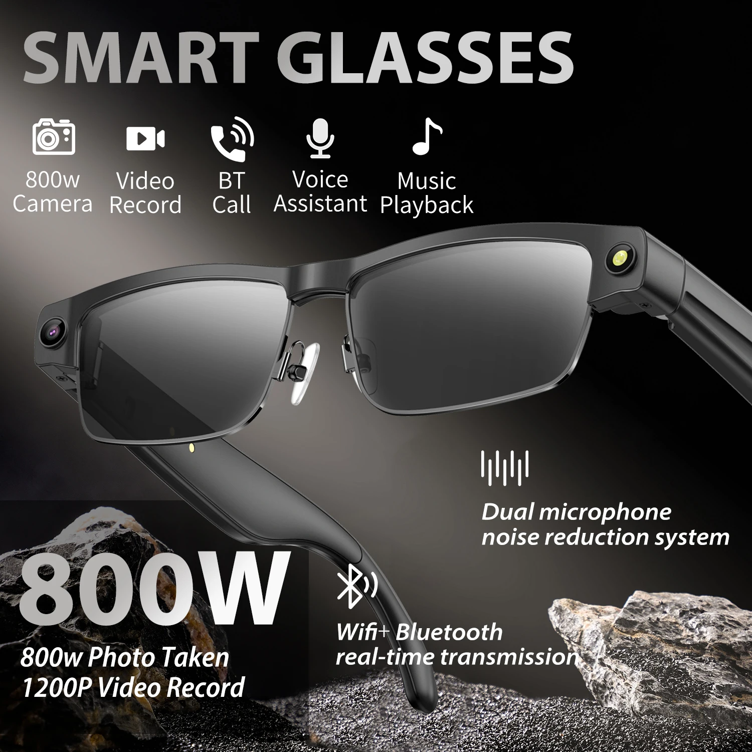 Lunettes Intelligentes Bluetooth Homme Femme avec Caméra 800W, Assistant Vocal IA, Casque Audio, Lunettes de Soleil, Écouteurs Sportifs pour la Conduite et la Musique