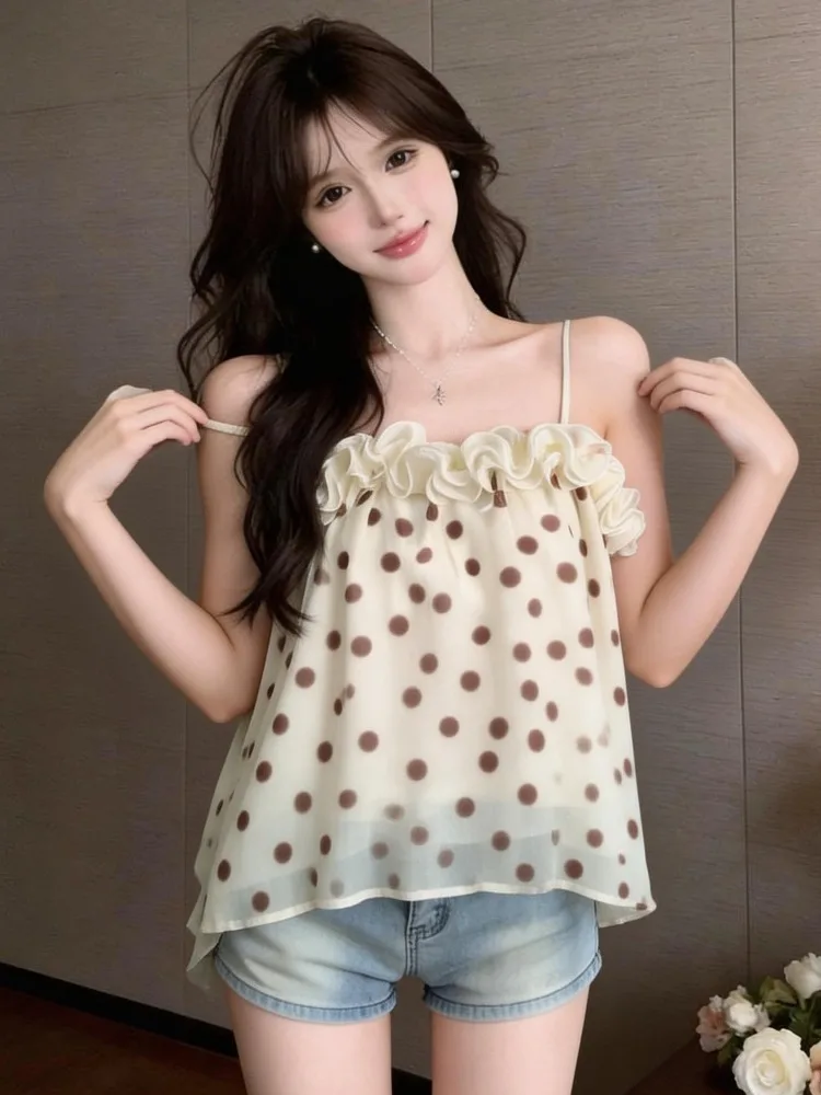 

Vacation Style Loose Fit Women's Tank Top with Lace Trim Breathable Comfortable Korean Style Knitted Summer Fashion