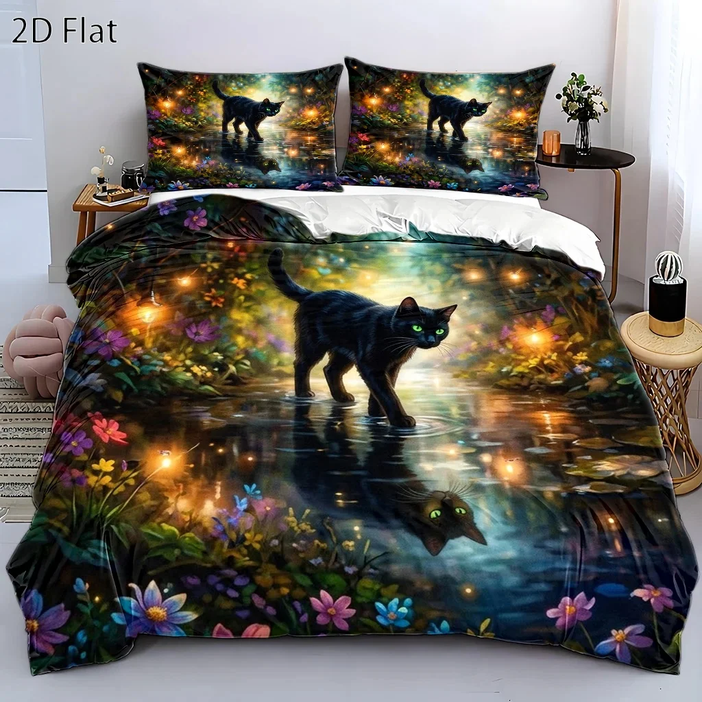 3Pc Dreamy Forest Black Cat Printed Duvet Cover Set, Three-Piece Bedding Set (1*Duvet Cover + 2*Pillowcases), Suitable for All Seasons, Machine Washable, Invisible Zipper Design, Large Duvet Cover Set for Double Beds, Suitable for Home, Dormitory, Master Bedroom, Guest Room, Fantasy Nature-Themed Bedding Set, Comfortable and Skin-Friendly, Highly Decorative, Creating a Warm and Dreamy Sleep Space