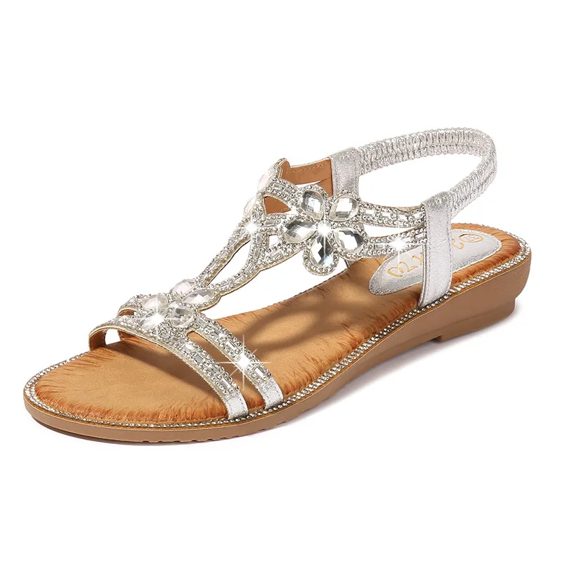 Nowe letnie sandały z wzorem w kwiaty Rhinestone duże rozmiary sandały damskie Travel Beach Slope Heel buty pantofle 35-42