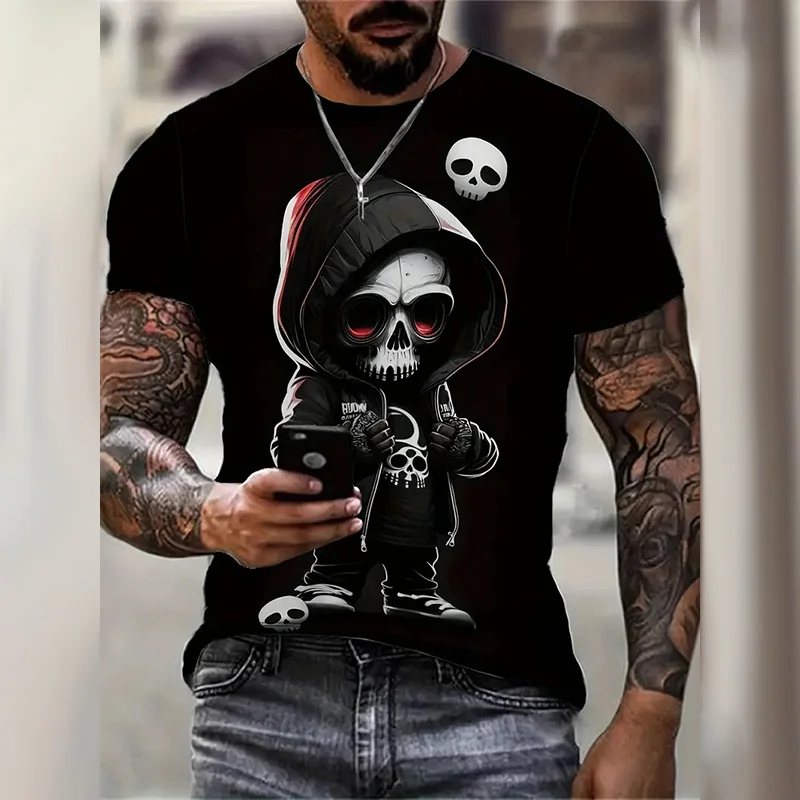 

2025 New Men's Fashion Skull Print Short Sleeve T Shirt Summer Comfortable Breathable Tops Vintage Short Sleeve T Shirt Clothing